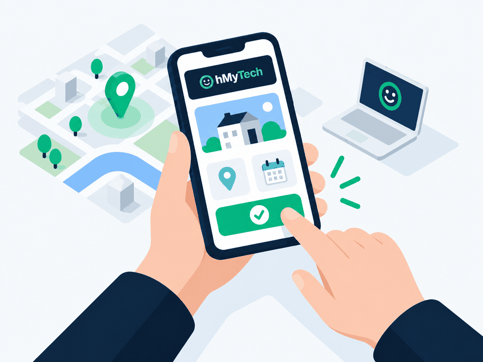 Une main réserve un rendez-vous sur son téléphone, une épingle marque le secteur sur une carte